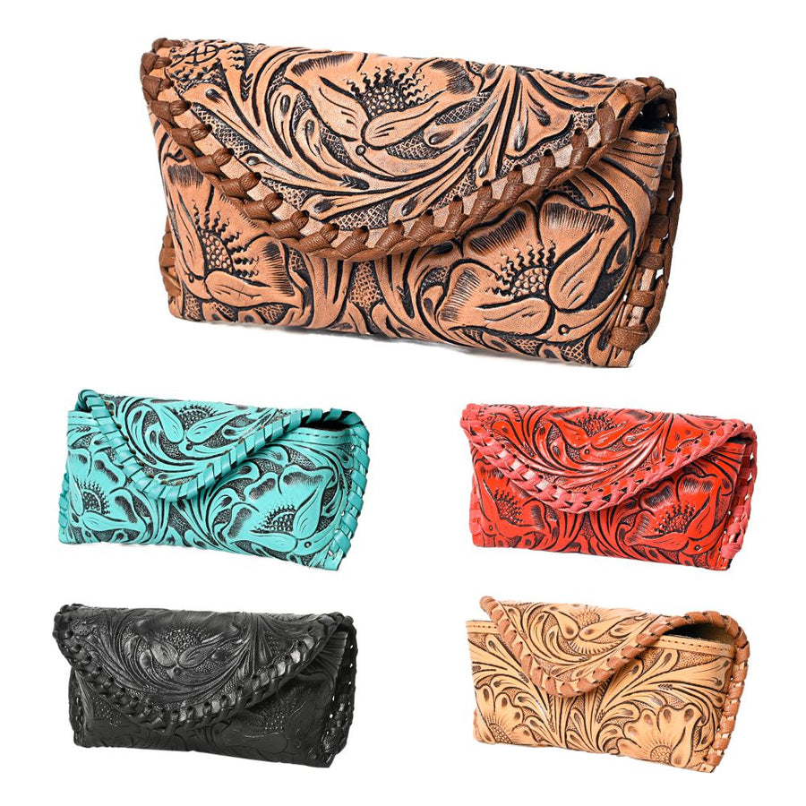 American Darling Western Sunglass Case Hand Tooled Floral Carved Genuine Leather 3in (H) X 6.5in (W) X 1in (D)