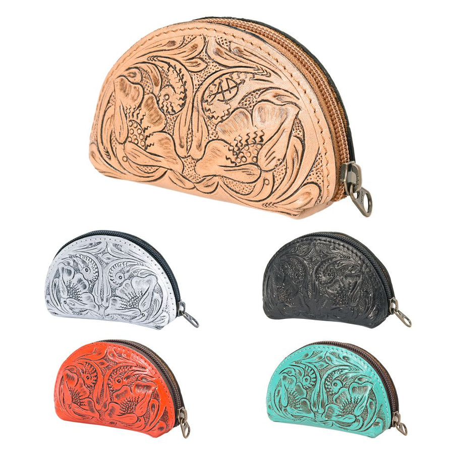 American Darling Western Sunglass Case Hand Tooled Floral Carved Genuine Leather 3in (H) X 4in (W) X 1in (D)