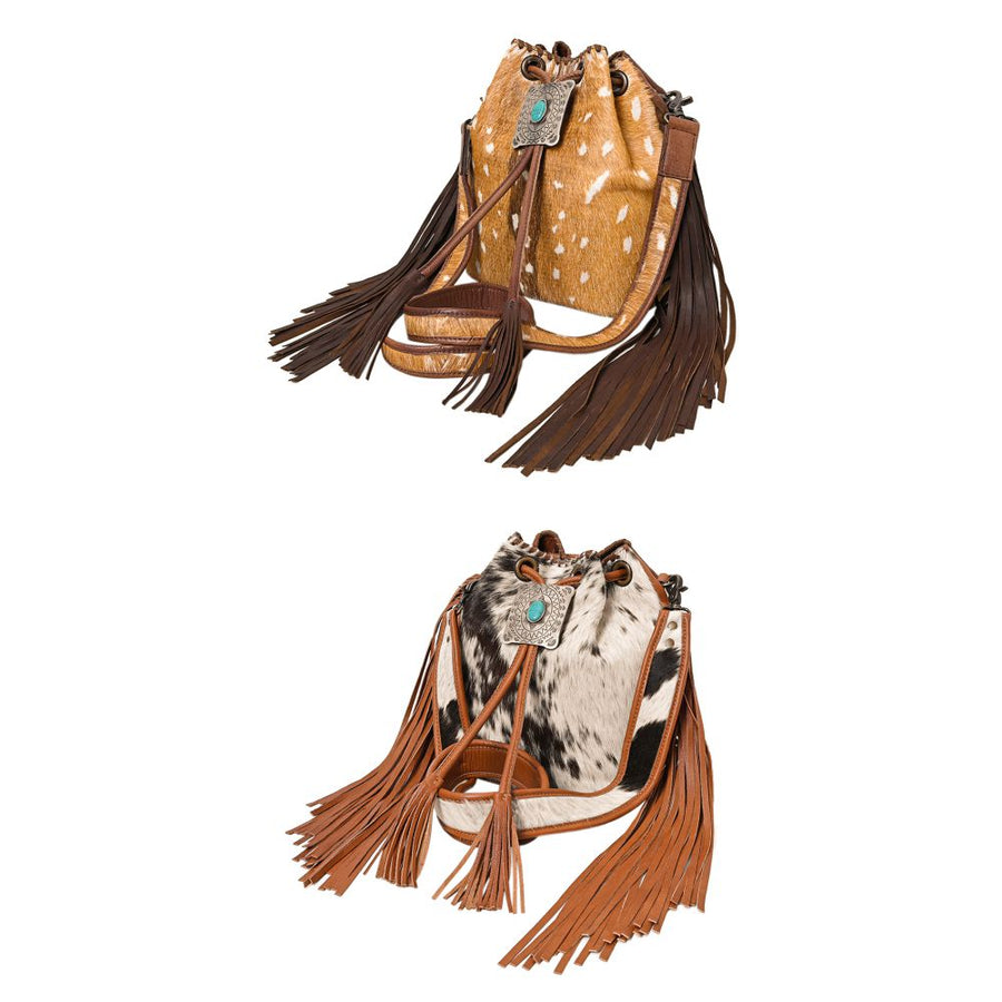 American Darling Western Bucket Bag Handcrafted from Hair-On Cowhide | Fringe Detail & Concho Accent