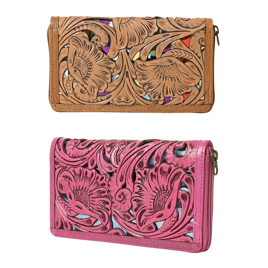 American Darling Hand-Tooled Genuine Leather Wallet Bag – Floral Carving, Durable Zip-Around Design, Multi-Compartment Organizer for Women