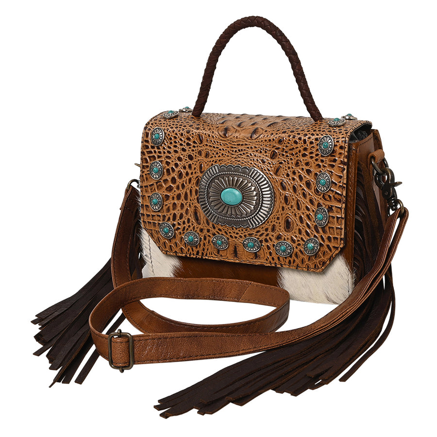 American Darling Western Leather Small Crossbody Bag with Hair-On Cowhide Fringes and Hand Woven Saddle Blanket Flap – Genuine Leather