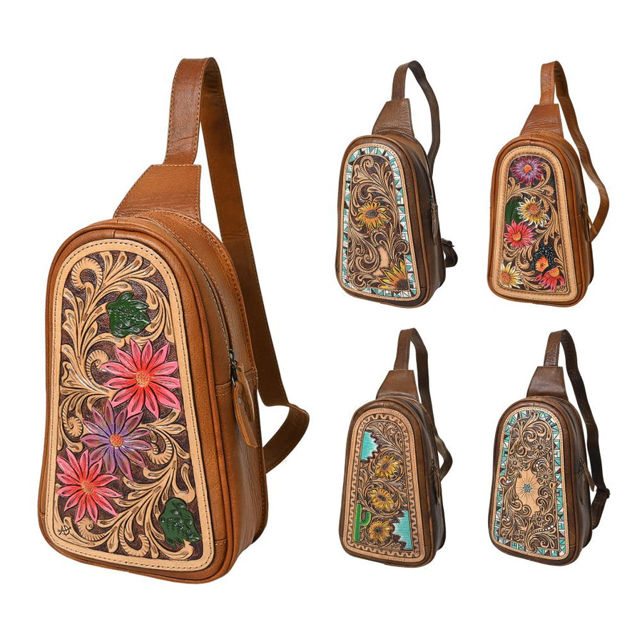 American Darling Hand-Tooled Leather Sling Bag – Genuine Leather Floral Carved Western Crossbody | 13in (H) X 8in (W) X 3in (D)