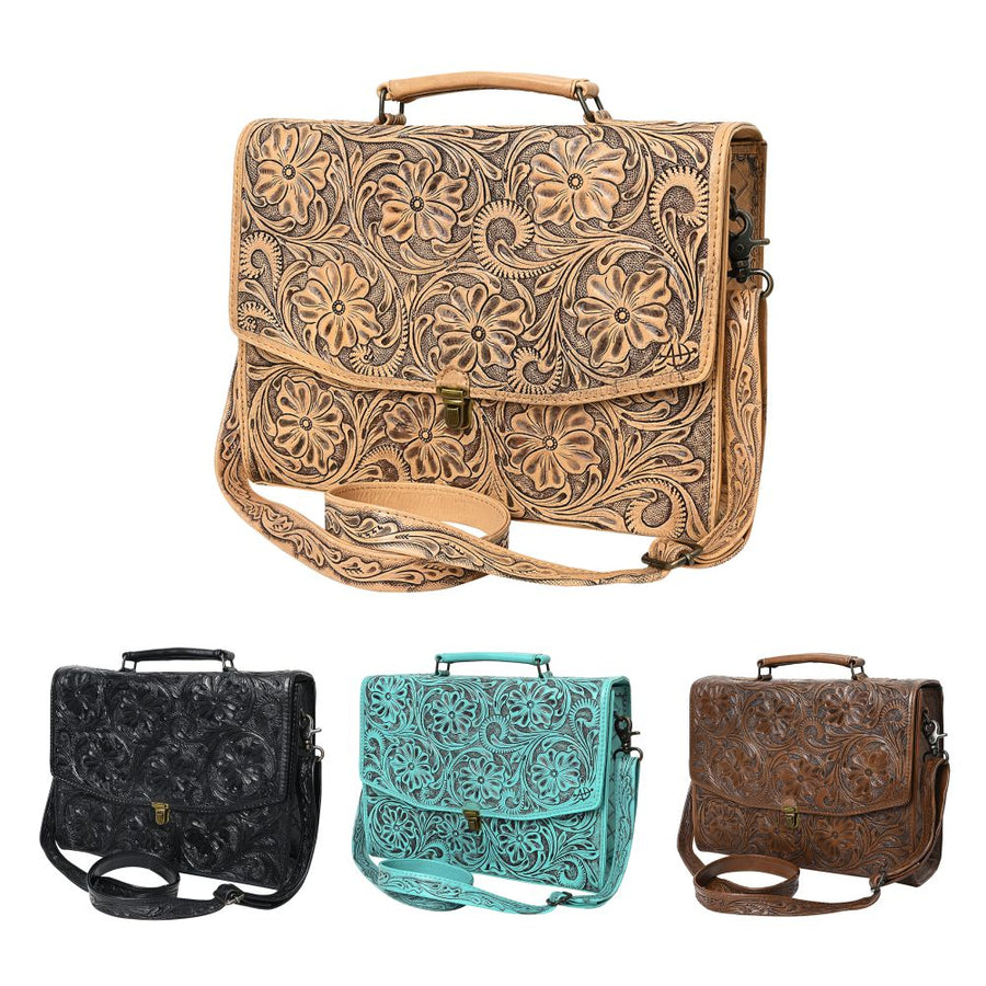 American Darling Western Hand-Tooled Leather Briefcase Bag – Floral Carved Genuine Leather Work Bag with Strap | Premium Artisan Craft