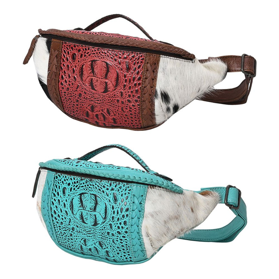American Darling Western Leather Fanny Pack with Hair-On Cowhide, Crocodile Embossed Detail & Adjustable Strap – Genuine Leather