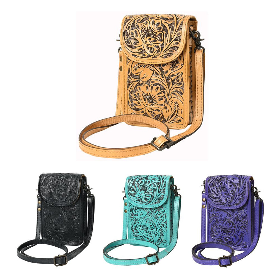 American Darling Hand Tooled Leather Cell Phone Holder – Genuine Leather Western Crossbody with Adjustable Strap