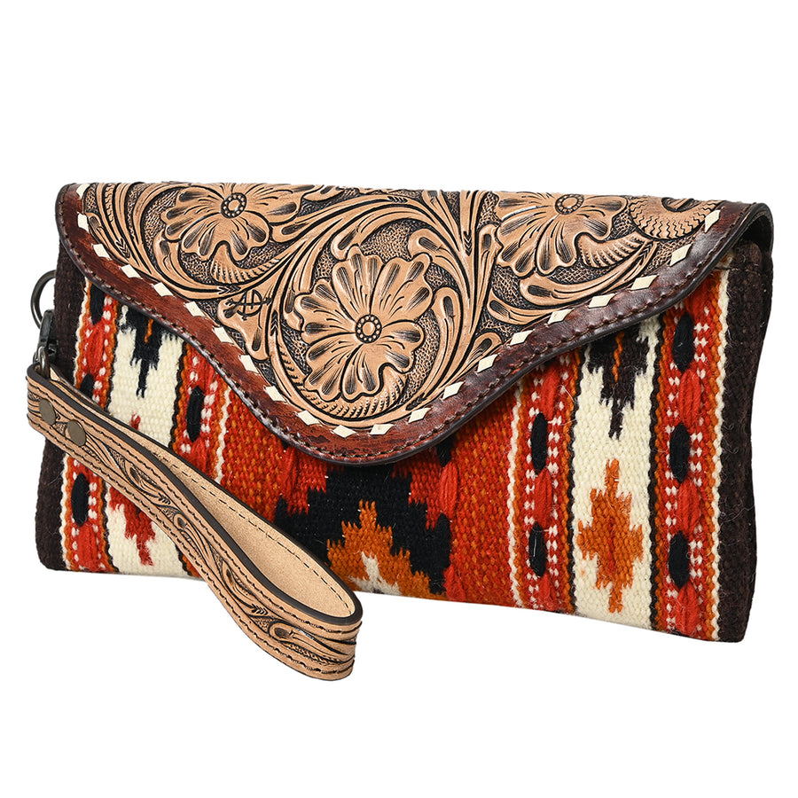 American Darling Hand Tooled Leather Western Wristlet Bag with Floral Carved Flap and Hand Woven Saddle Blanket 6in (H) X 11in (W)
