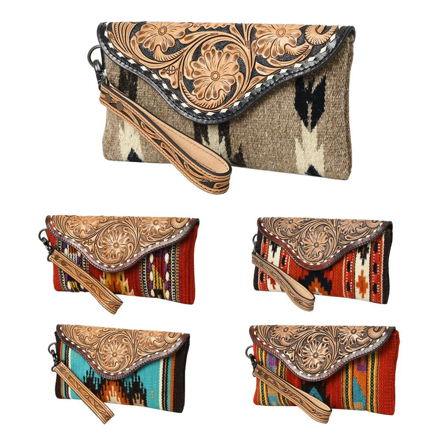 American Darling Hand Tooled Leather Western Wristlet Bag with Floral Carved Flap and Hand Woven Saddle Blanket 6in (H) X 11in (W)