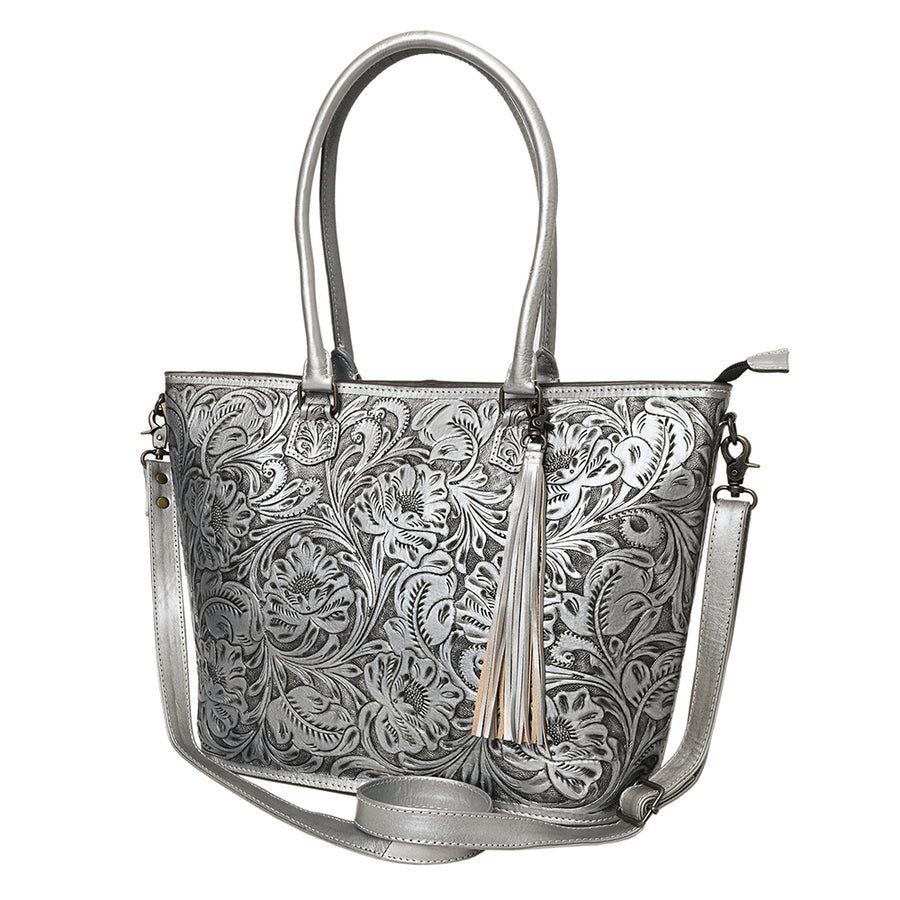 American Darling Hand Tooled Western Tote Bag – Floral Carved Genuine Leather Tote with Tassel | 12in (H) X 18in (W) X 5in (D)