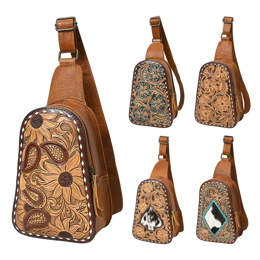 American Darling Western Sling Bag – Hand-Tooled Floral Carved Floral Design, Genuine Leather, Adjustable Strap, Eco-Friendly Crafted