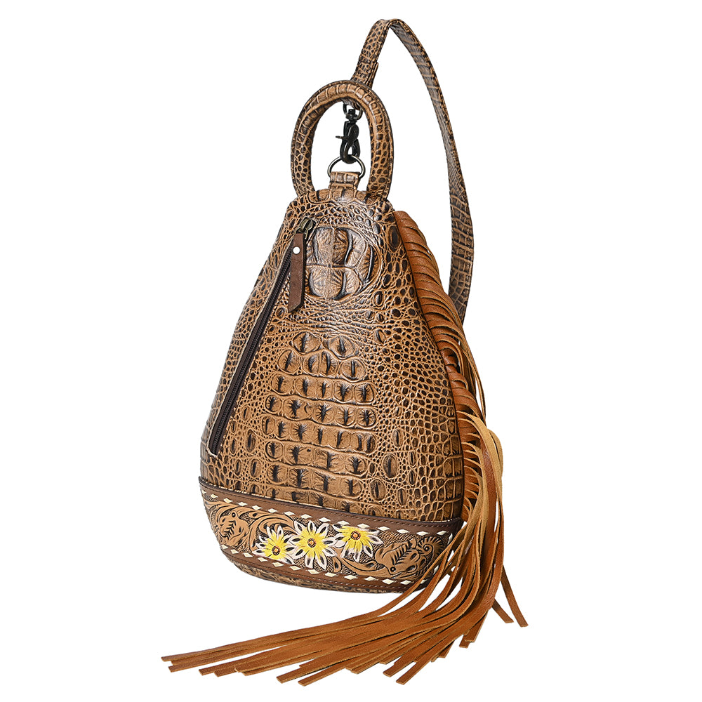 American Darling Sling Hand Tooled Crocodile Embossed Genuine Leather Women Bag Western Handbag Purse