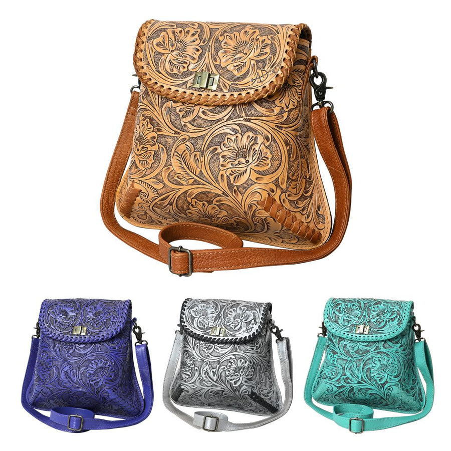 American Darling Hand-Tooled Genuine Leather Crossbody Bag | Floral Carved Full-Grain Western Purse | Everyday Leather Crossbody for Women