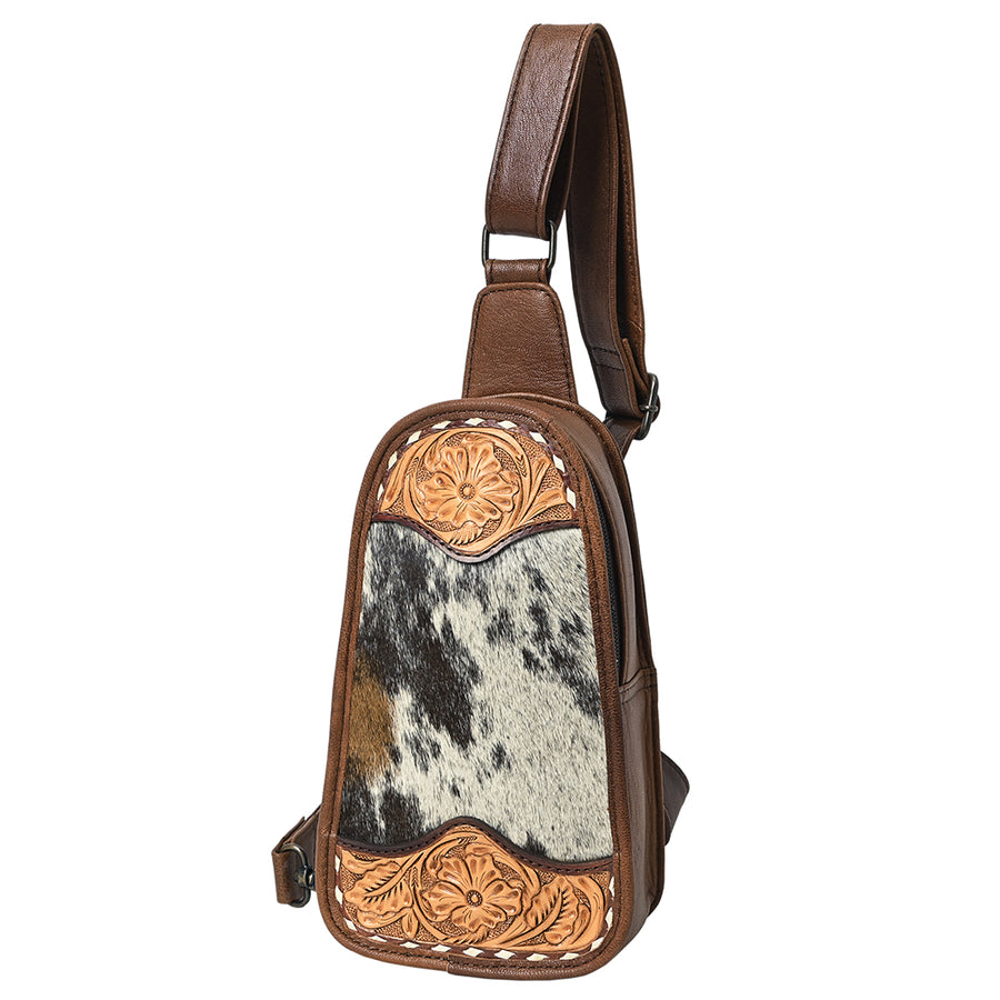 American Darling Western Leather Sling Bag with Hand-Tooled Floral Carving, Woven Saddle Blanket Panel, Adjustable Strap & Secure Storage
