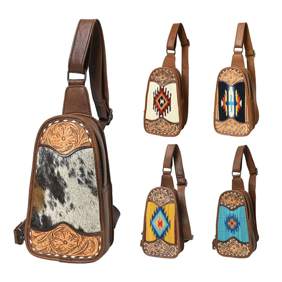 American Darling Western Leather Sling Bag with Hand-Tooled Floral Carving, Woven Saddle Blanket Panel, Adjustable Strap & Secure Storage