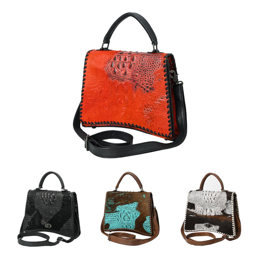American Darling Western Leather Messenger Bag with Hair-On Cowhide, Crocodile-Embossed Leather Detail, Adjustable Strap, Structured Body & Premium Craftsmanship