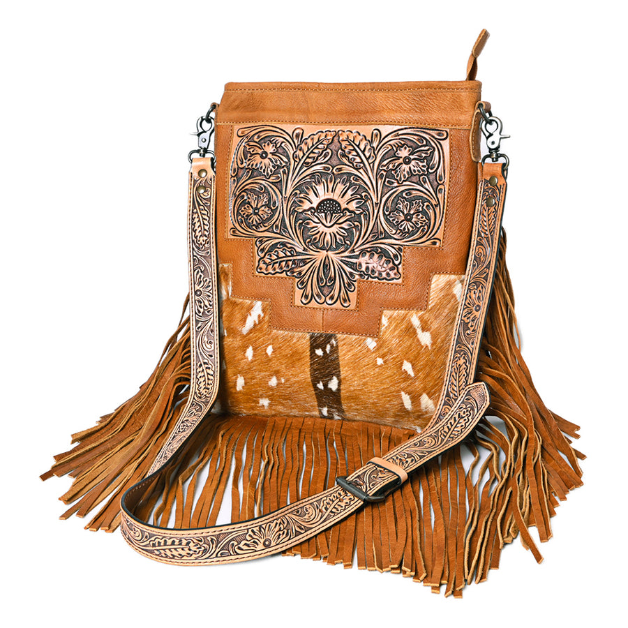 American Darling Messenger Bag, Hand Tooled Floral Leather, Hair-On Cowhide with Fringes, Western Crossbody Travel Purse