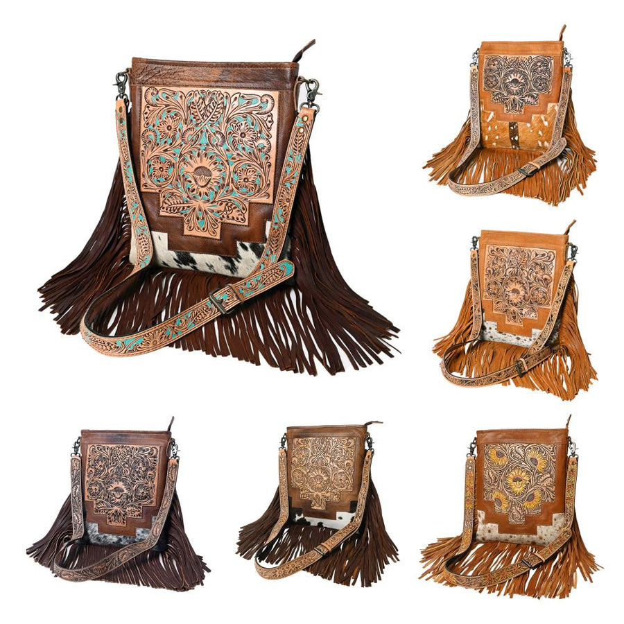 American Darling Messenger Bag, Hand Tooled Floral Leather, Hair-On Cowhide with Fringes, Western Crossbody Travel Purse