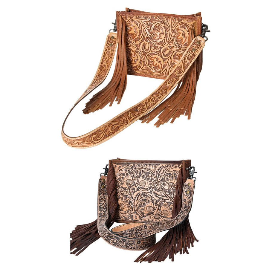American Darling Messenger Bag Handcrafted from Hand Tooled Floral Carved Genuine Leather with Fringes and YKK Zipper