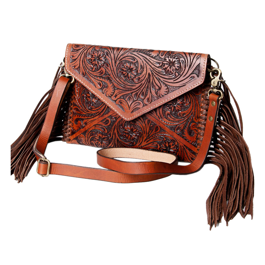 American Darling Envelope Bag Handcrafted from Hand Tooled Floral Leather with Braided Edges, Fringes, and YKK Zipper
