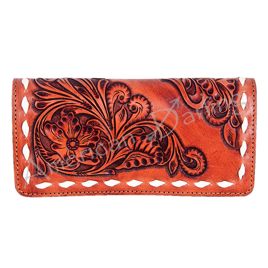 American Darling Western Wallet Bag Hand Tooled Floral Carved Buck Stitched Genuine Vegetable Tanned Leather Purse