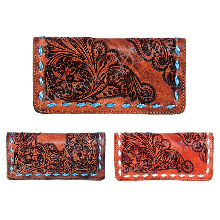 American Darling Western Wallet Bag Hand Tooled Floral Carved Buck Stitched Genuine Vegetable Tanned Leather Purse