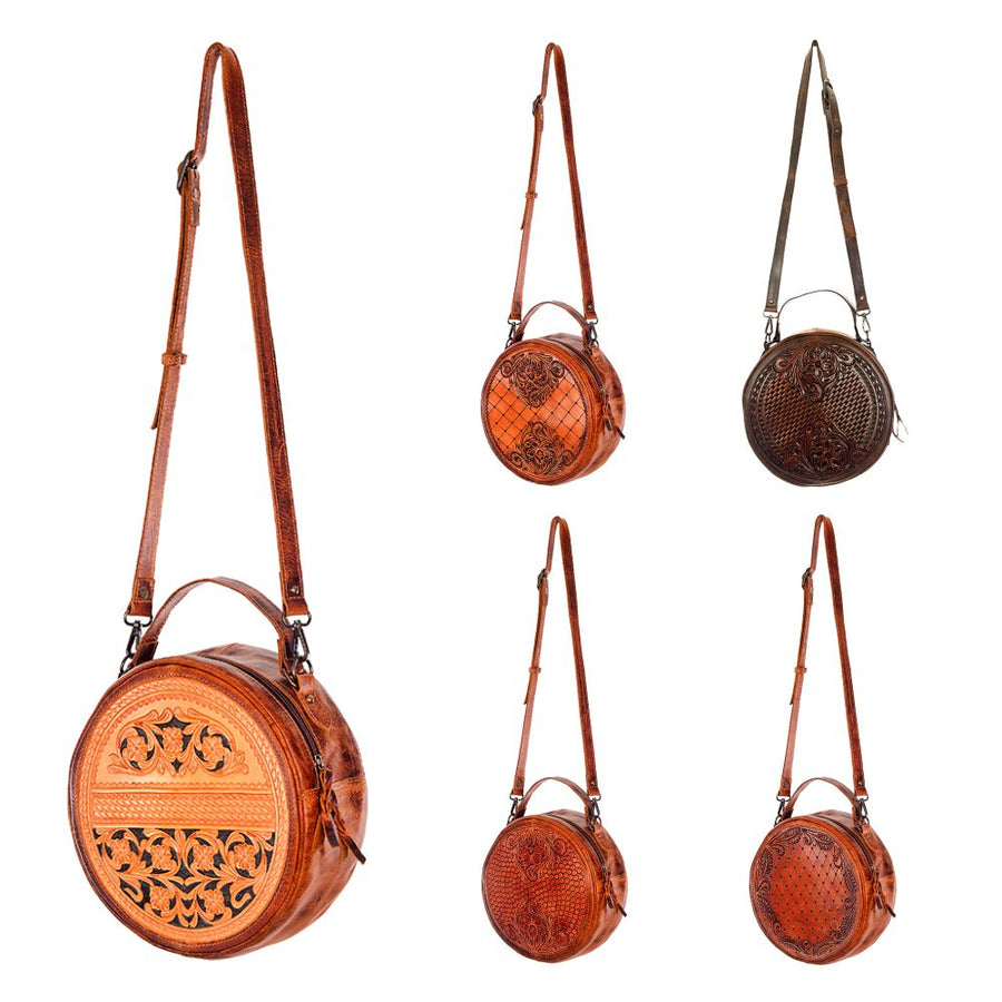 American Darling Western Canteen Bag Hand Tooled Floral Carved Genuine Vegetable Tanned Leather Round Crossbody Purse