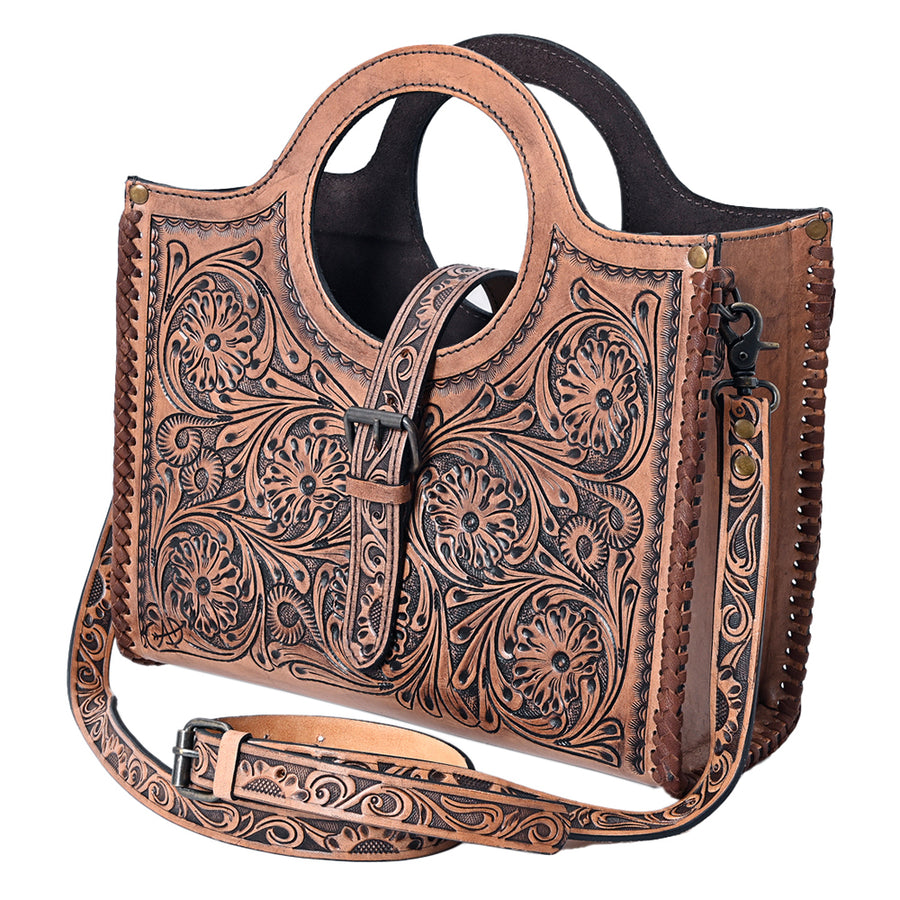 American Darling Western Tote Bag Hand Tooled Floral Carved Genuine Vegetable Tanned Leather Purse with YKK Zipper