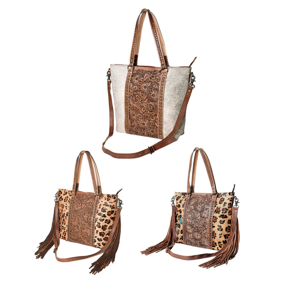 American Darling Tote Bag, Hand Tooled Floral Carved Leather, Hair-On Cowhide, Vegetable Tanned Genuine Leather, Rivetted