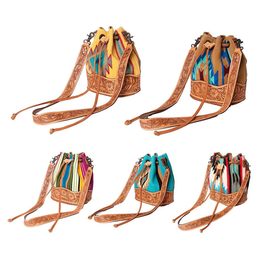 American Darling Bucket Bag Hand Tooled Floral Carved Hand Woven Saddle Blanket Leather Purse with YKK Zipper