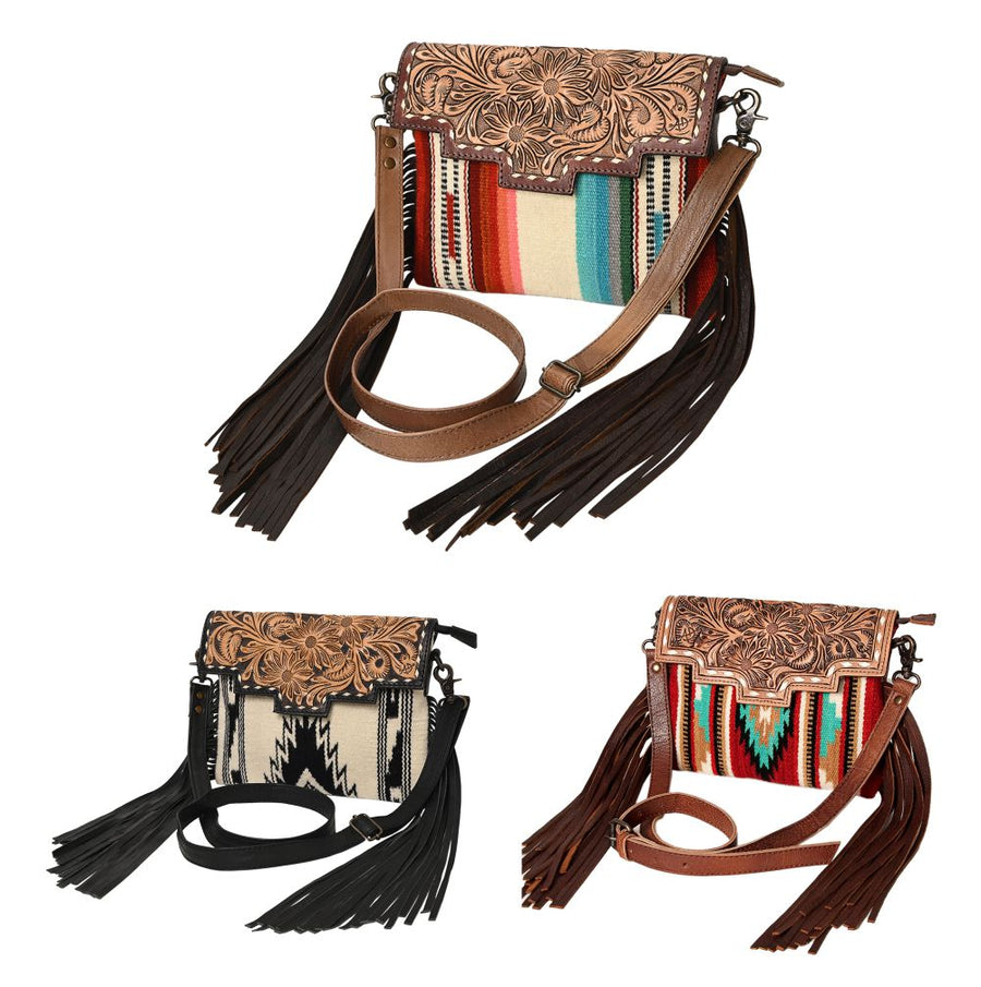 American Darling Cross body Bag Hand Tooled Floral Carved Saddle Blanket Genuine Leather Western Purse with Fringes and YKK Zipper