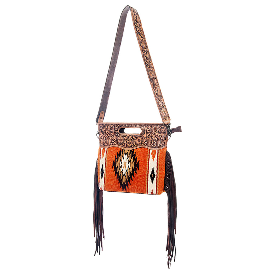 American Darling Signature Cross Body Bag Hand Tooled Floral Carved Saddle Blanket Leather Western Bag with Fringes
