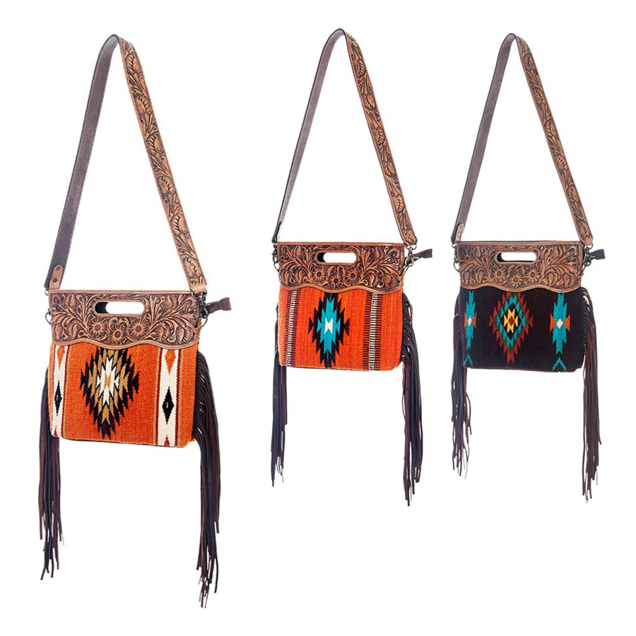 American Darling Signature Cross Body Bag Hand Tooled Floral Carved Saddle Blanket Leather Western Bag with Fringes
