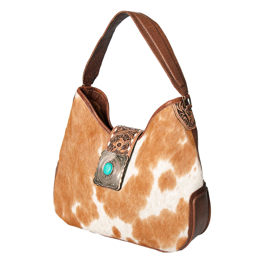 American Darling Hobo Bag Hand Tooled Floral Carved Cowhide Genuine Leather Western Purse with Turquoise Concho & YKK Zipper