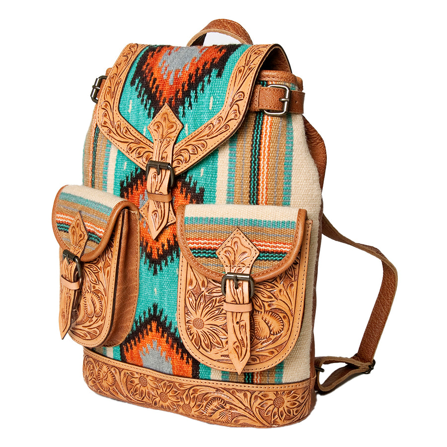 American Darling Backpack Bag Western Hand Tooled Floral Genuine Leather with Hair-On Cowhide & YKK Zipper for Women