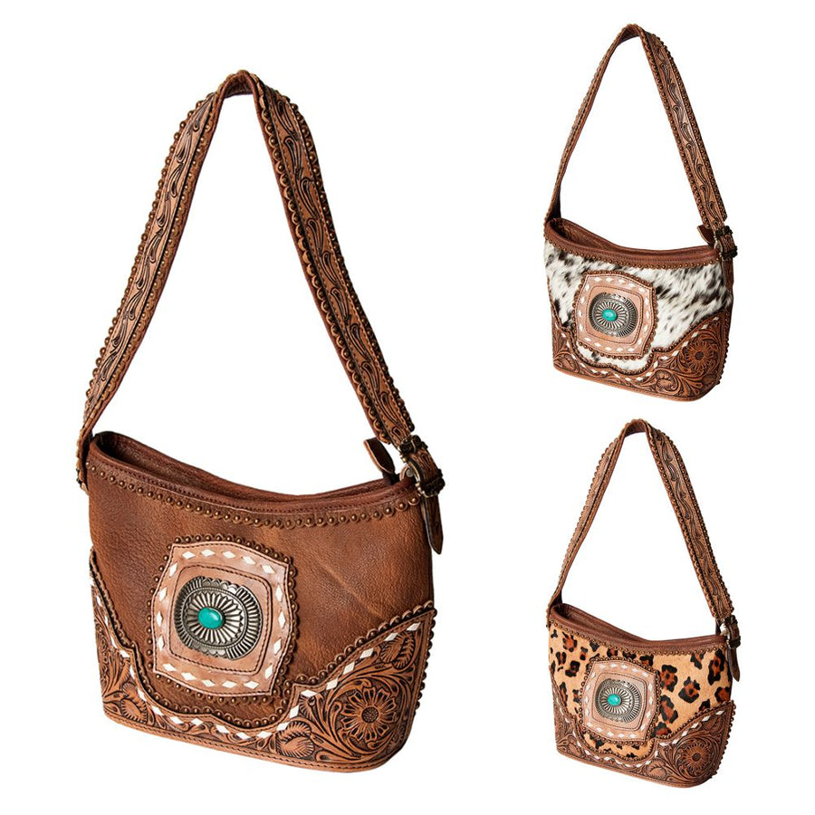 American Darling Hobo Bag Western Hand Tooled Floral Genuine Leather with Turquoise Concho & Buck Stitched Detail for Women