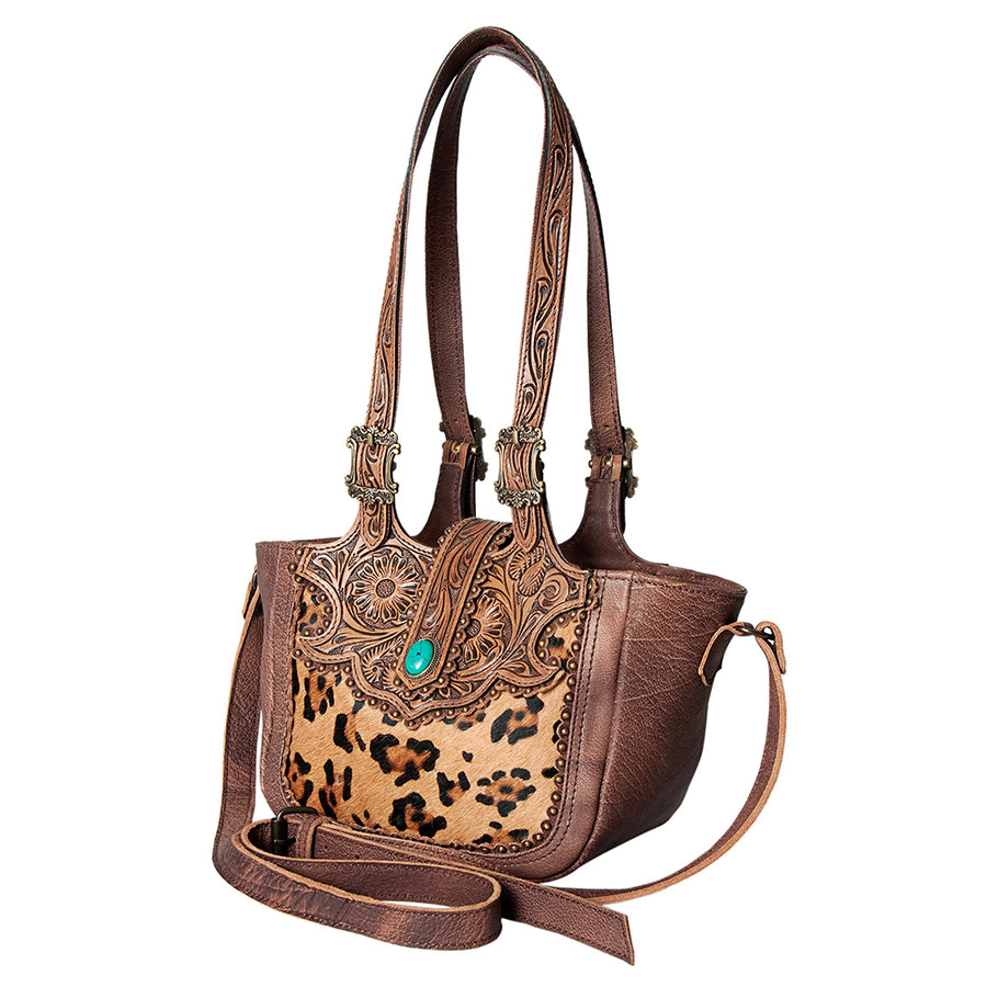 American Darling Tote Bag Western Hand Tooled Floral Genuine Leather Purse with Turquoise Concho & Rivetted Detail for Women