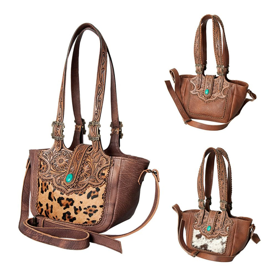 American Darling Tote Bag Western Hand Tooled Floral Genuine Leather Purse with Turquoise Concho & Rivetted Detail for Women