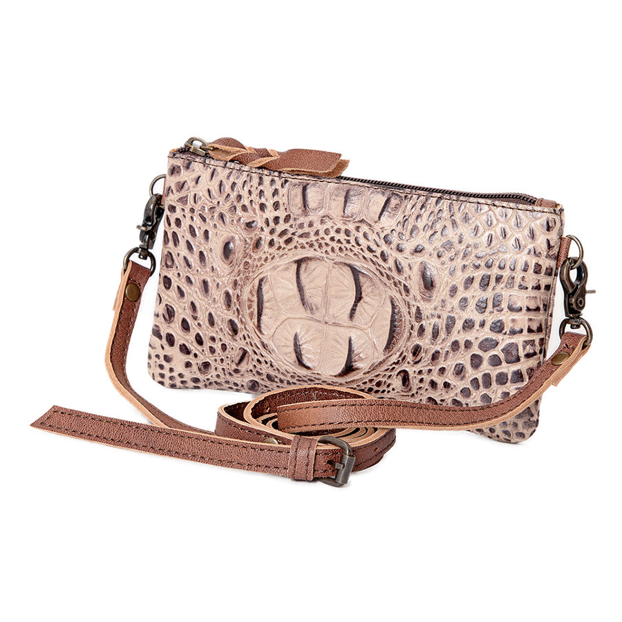 American Darling Wallet Bag for Women, Crocodile Embossed Full Grain Leather Western Clutch with YKK Zipper & Wrist Strap