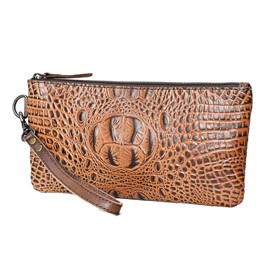 American Darling Wristlet Bag for Women, Crocodile Embossed Full Grain Leather Western Clutch with YKK Zipper & Wrist Strap