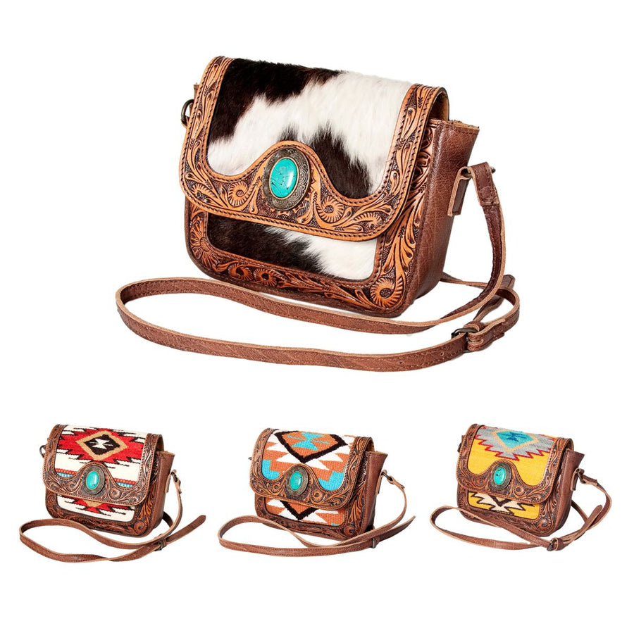 American Darling Western Cross body Bag for Women, Hand Tooled Leather, Hair-On Cowhide, Floral Carved with Turquoise Concho