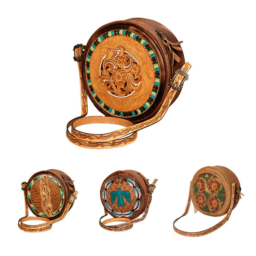 American Darling Canteen Bag, Handcrafted Western Purse, Genuine Leather Hand Tooled Floral Design, Round Crossbody Bag