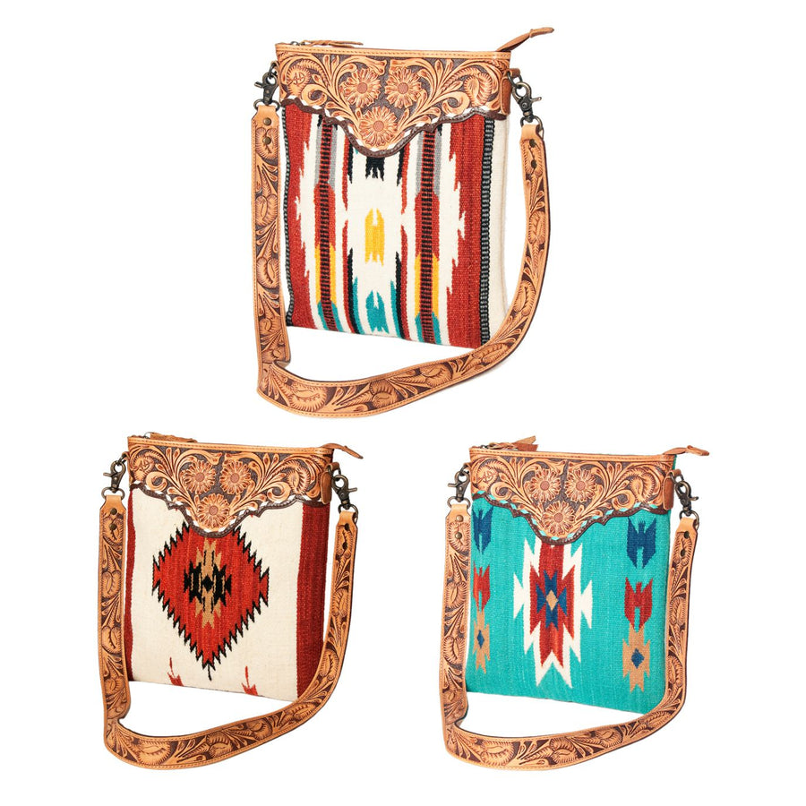American Darling Large Cross body Bag Hand Tooled Floral Carved Genuine Leather Hand Woven Saddle Blanket Western Purse for Women