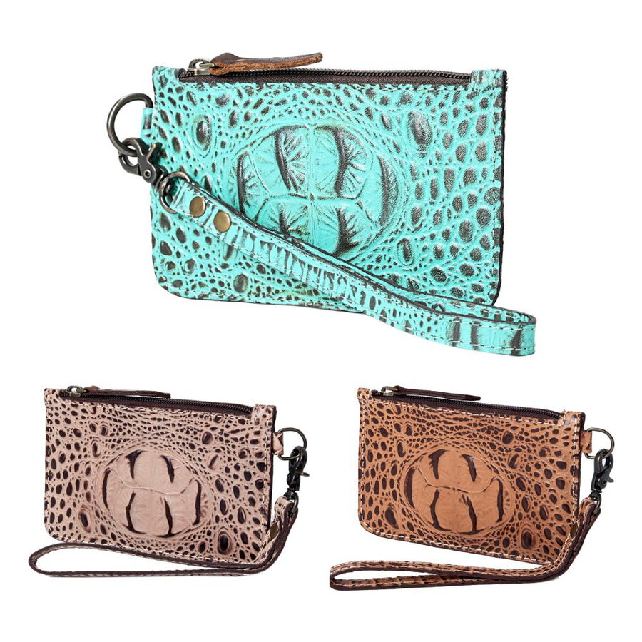 American Darling Western Leather Wristlet Bag, Crocodile Embossed Full Grain Genuine Leather, Eco-Friendly Artisan Clutch