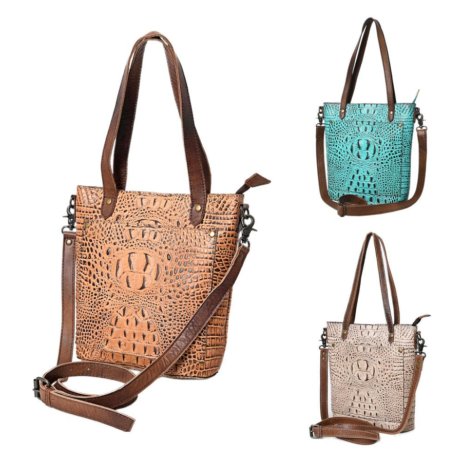 American Darling Western Leather Tote Bag, Crocodile Embossed Full Grain Genuine Leather, Eco-Friendly Handcrafted Purses