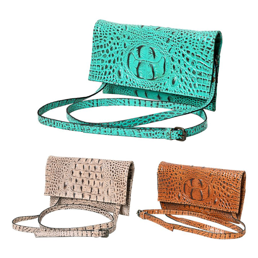 American Darling Western Wallet Bag, Crocodile Embossed Full Grain Genuine Leather, Eco-Friendly Handcrafted Crossbody