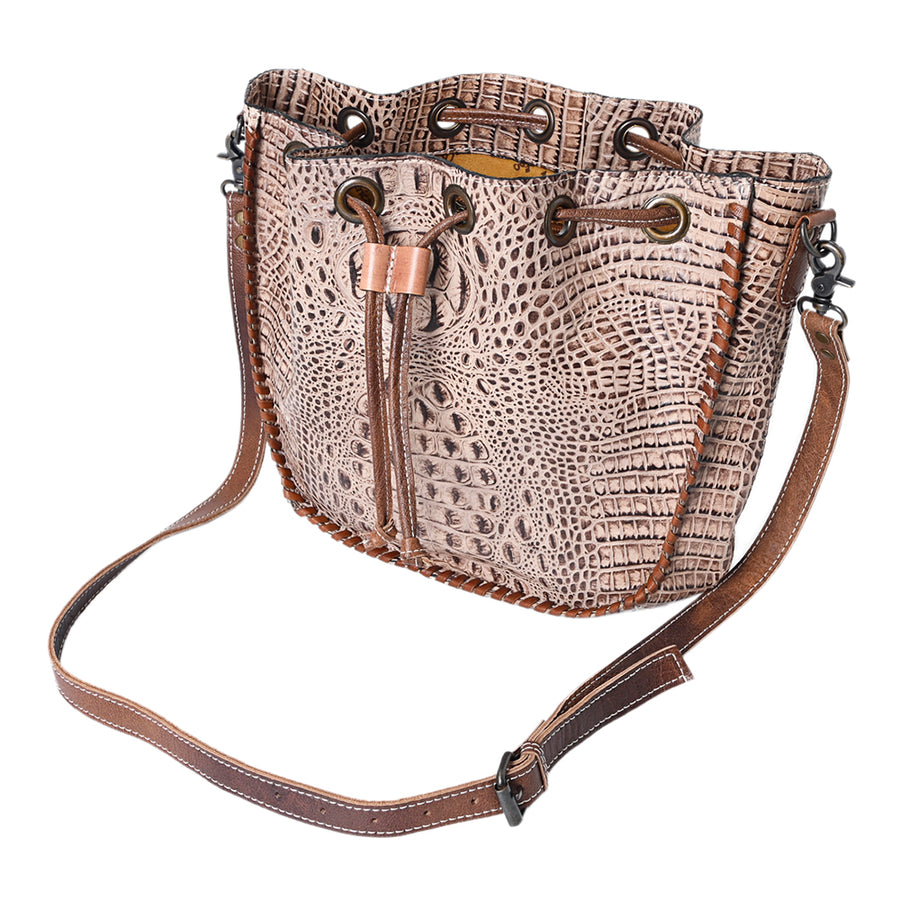 American Darling Western Bucket Bag, Crocodile Embossed Full Grain Genuine Leather, Eco-Friendly Drawstring Purse
