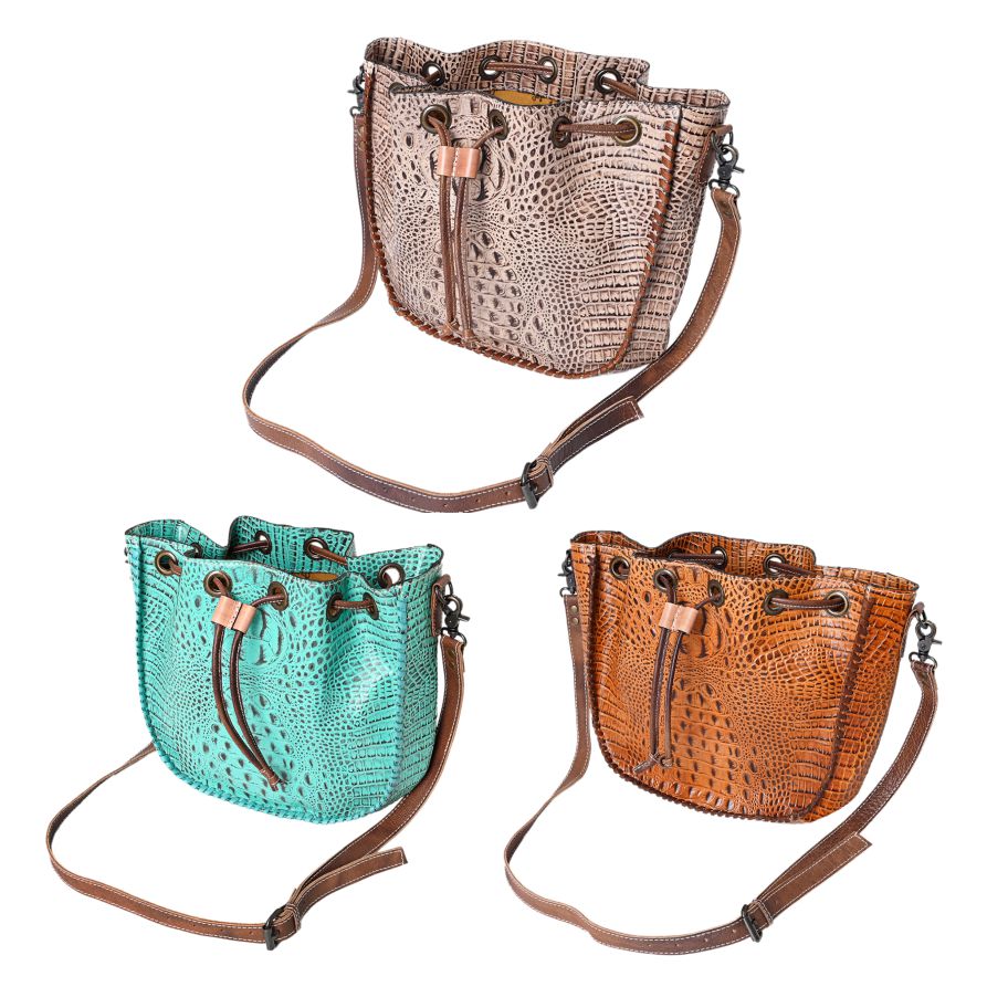 American Darling Western Bucket Bag, Crocodile Embossed Full Grain Genuine Leather, Eco-Friendly Drawstring Purse
