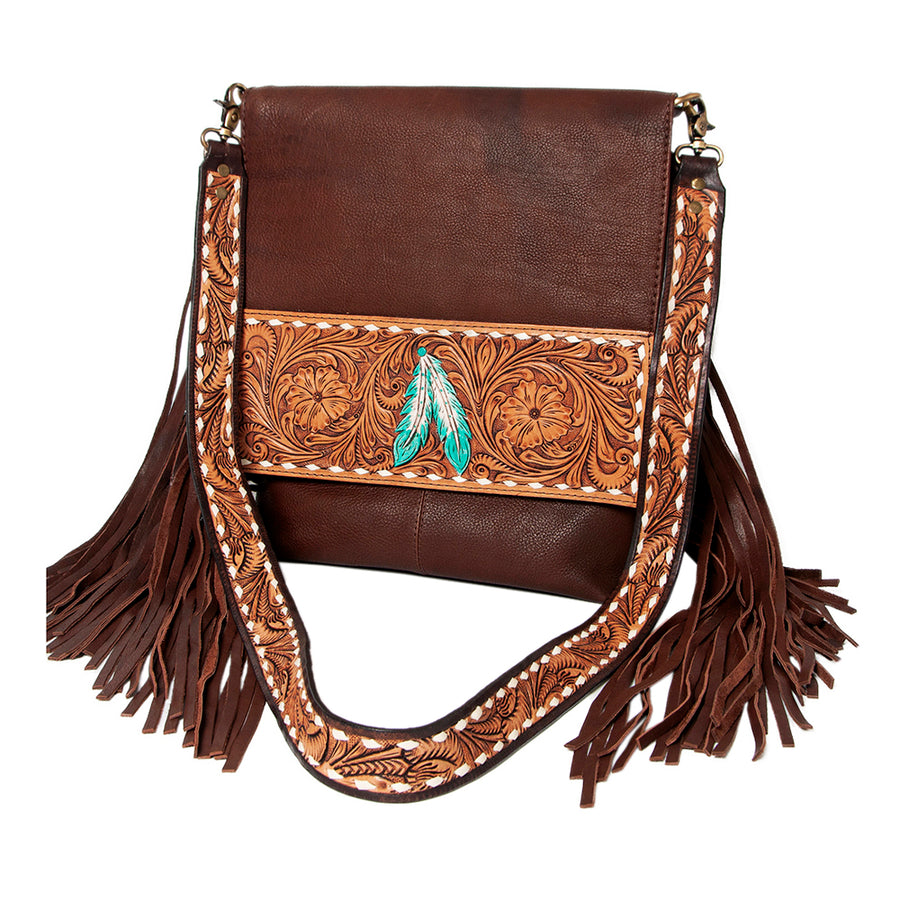 American Darling Messenger Hand Tooled Floral Carved Genuine Leather with Fringes Buck Stitched Western Accessories