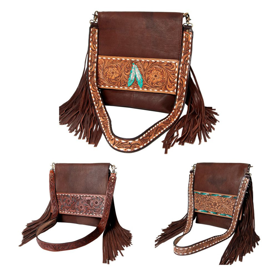 American Darling Messenger Hand Tooled Floral Carved Genuine Leather with Fringes Buck Stitched Western Accessories