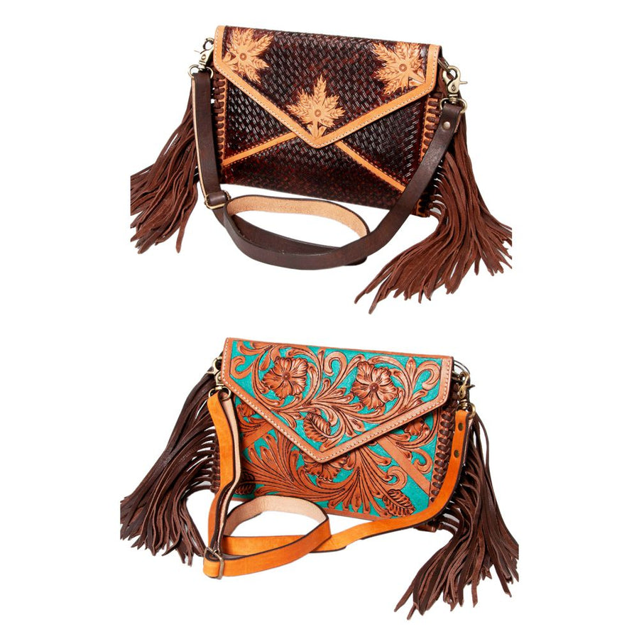 American Darling Women's Hand Tooled Floral Carved Leather Envelope with Fringes and Eco-Friendly Full Grain Leather