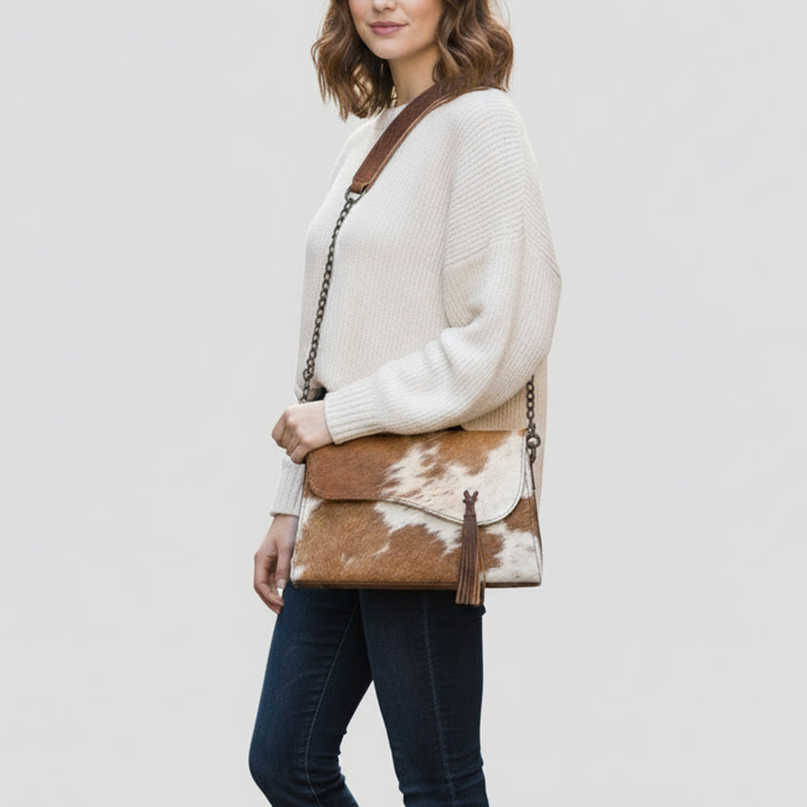American Darling Cross body Bag, Hair-On Cowhide & Genuine Vegetable-Tanned Leather, Western Purse with Tassels, 6.5in x 11.75in